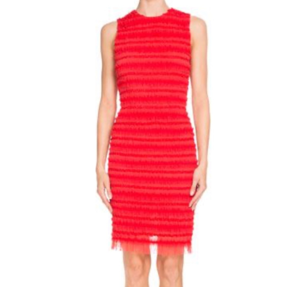 Givenchy Sleeveless Stripe Ruffled Sheath Dress, Red size 38